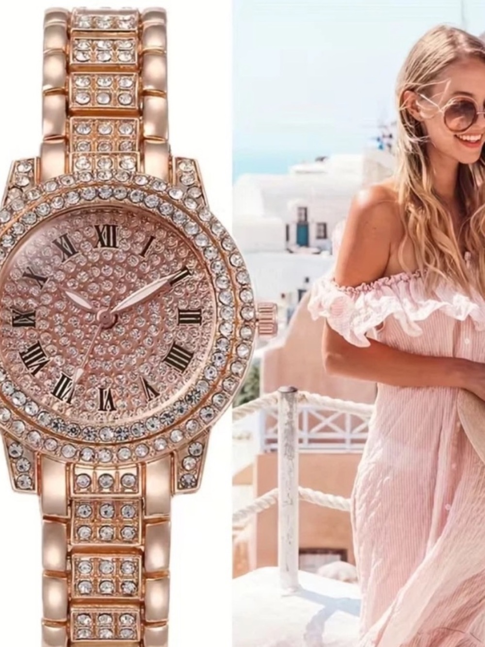 Women's Sparkling Rose Golden Adorned Quartz Watch with Roman Numeral Dial - Picture 2 of 8
